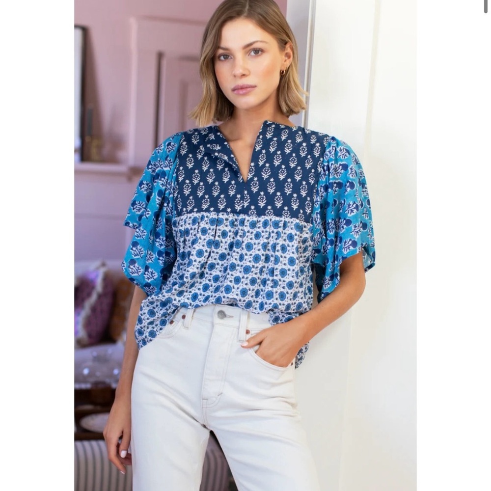 Emerson Fry Basalie Top - Patchwork Blues Organic - Size Small
